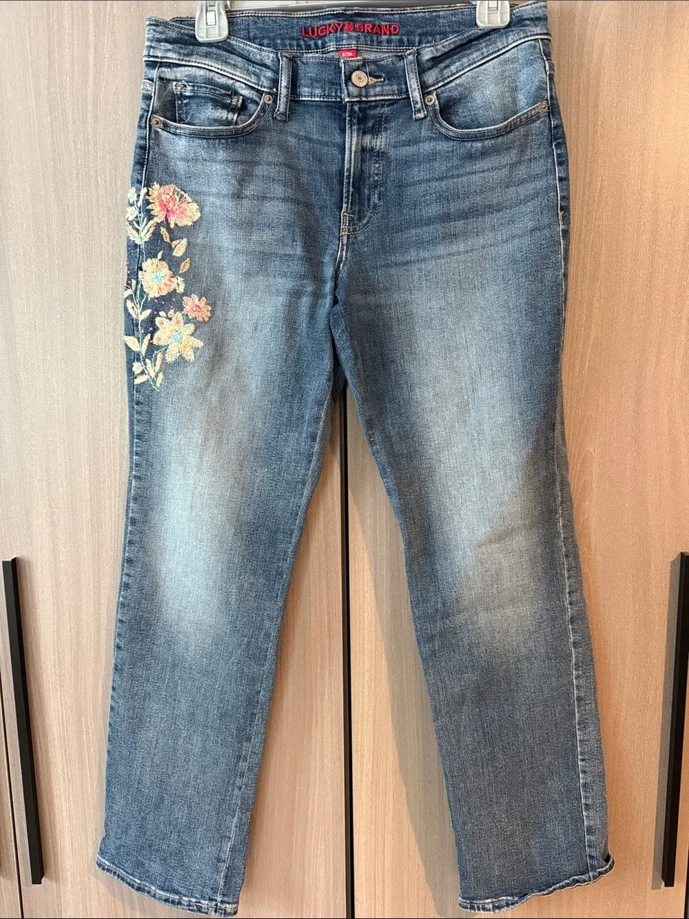 Lucky Brand Medium Blue Straight Jeans with Floral Embroidery